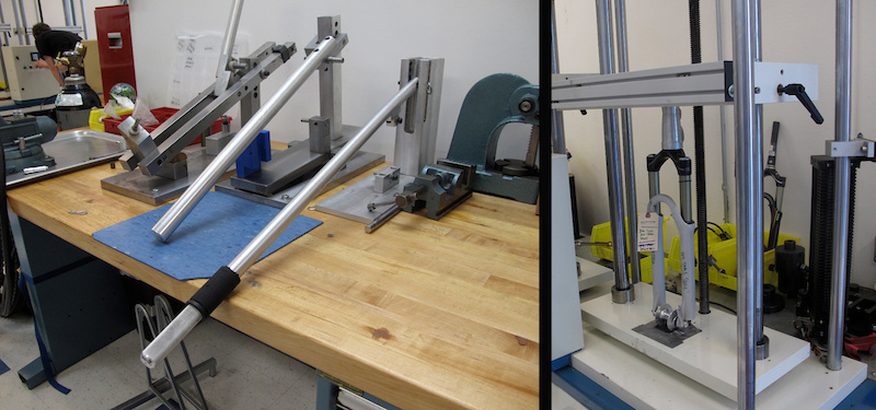 The suspension area has a number of different dynos that they use, including a hand dyno (<i>left</i>), as well as full on hydraulic machines that are used to run forks and shocks through testing cycles that can reach up to 300,000 cycles.