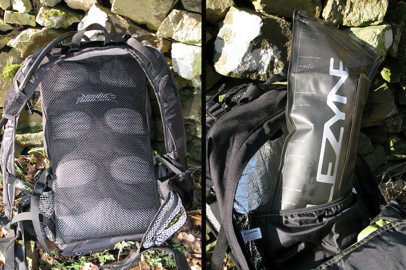 A padded mesh back (<i>left</i>) helps to allow the air to circulate between the bag and your body. A zip lock bladder (<i>right</i>) lets you easily clean the bladder after use.