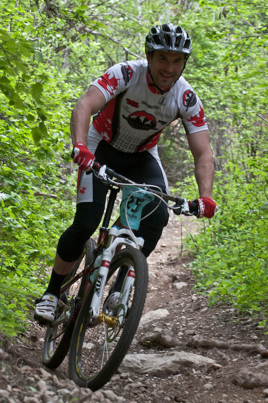 Former Canadian Team downhiller and National Champion Mike Jones has been spotted at many cross-country events. Even after a tough climb and tough downhill he is smiling.