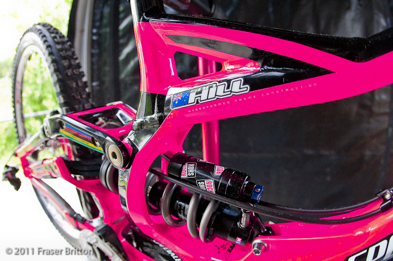 Sam Hill's custom pink Specialized Demo for the Fort William WC. Photo by Fraser Britton