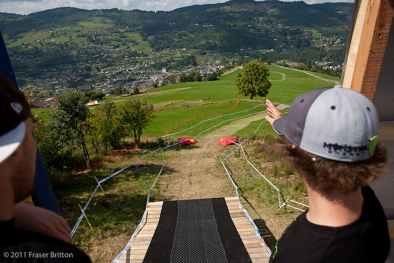 The view from the start gate is pretty sweet here in La Bresse. The town and pit is directly below the ramp.