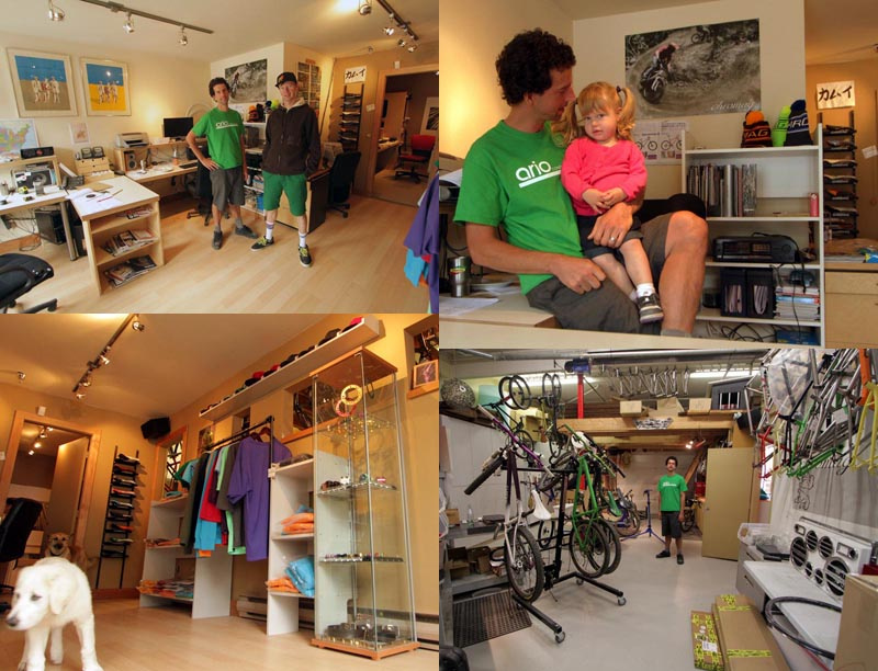 Clockwise from Top Left - (i)  Ian Ritz and Julian Hine at Chromag World HQ; (ii)  Ian and Marlowe, (iii) the workshop; and (iv) a Chromag fan admires the showroom