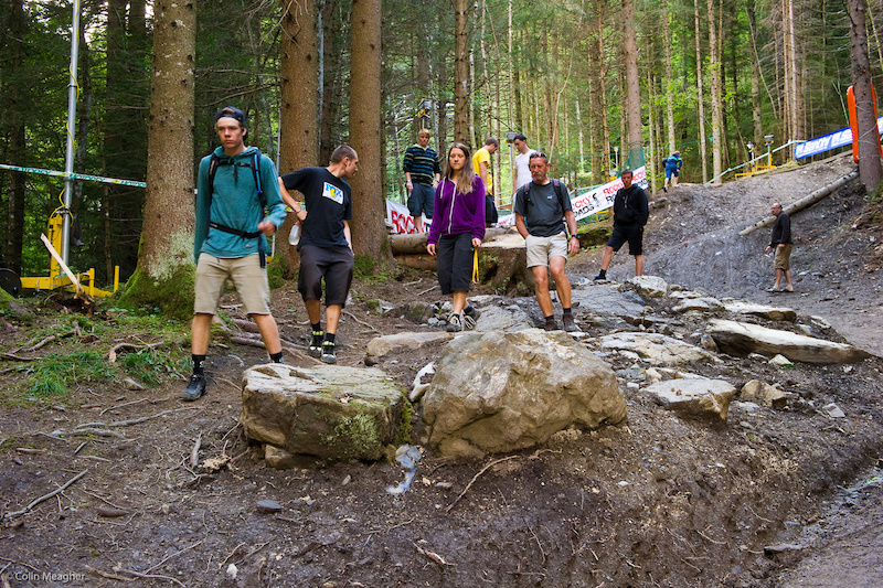 The line below the fast line on rider s right in the woods is chock full of a few small rocks. It looks a bit grim but there s definitely a safe line amid the rocks. One thing s for certain though this track is not weighed as much towards BMX riders as have been other tracks on the circuit.