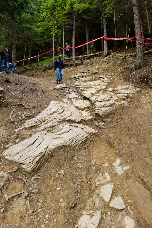 Fabien Barel looking down the line where Sam Hill fell during the finals the first time a World Cup was held here.