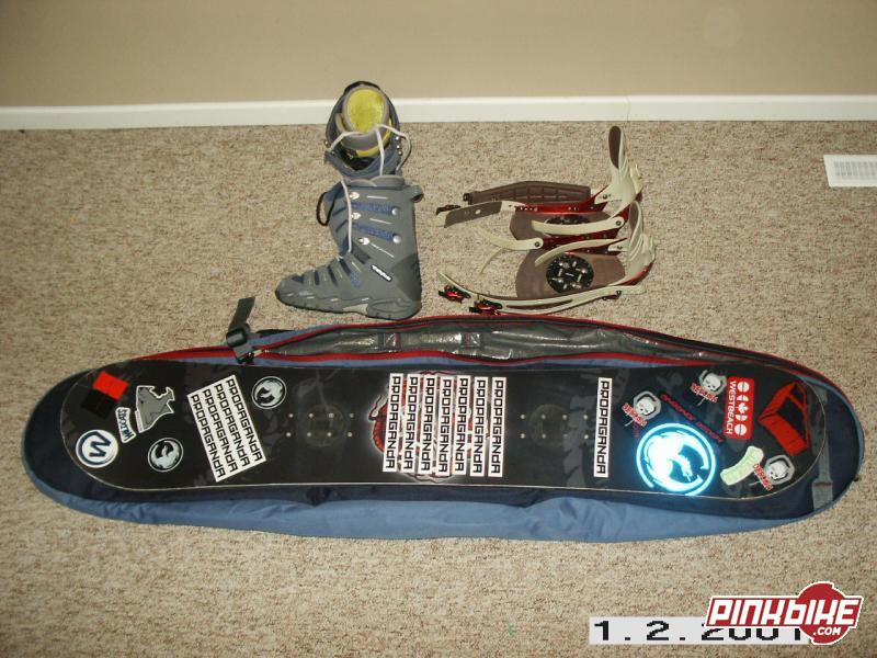 snowboard setup : Rage Dragon board 148cm - $30 ,  Ride Preston LS bindings (medium-large) - $40, 32 Lashed boots (10.5) brand new. $75. retail is 200. ridden in fer 2 rides last season. Bugaboo snowboard bag - $20. Special deal!! buy the whole package and you take it for 150. thats 25 bucks off. rite on.
email me. we might be able to strike up a deal. 