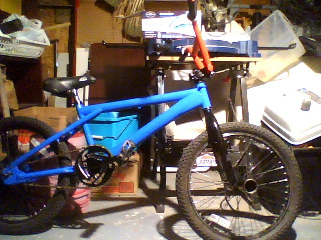 My 2010 Morrow BMX repainted red blue.
good condition 4 pce handlebars.
comfortabe seat.
abit of a rusted chain, nothing bad.
frame is a heavier frame repainted blue.
i loved this bike but im not riding anymore.