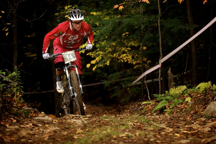 Marc Beaumont on the third special during the 2011 OverMountain Enduro mountain bike race at Highland Mountan in Northfield, NH.  The first of this type of race at Highland.
photo by Bear CIeri  Northfiled, NH  10/22/11