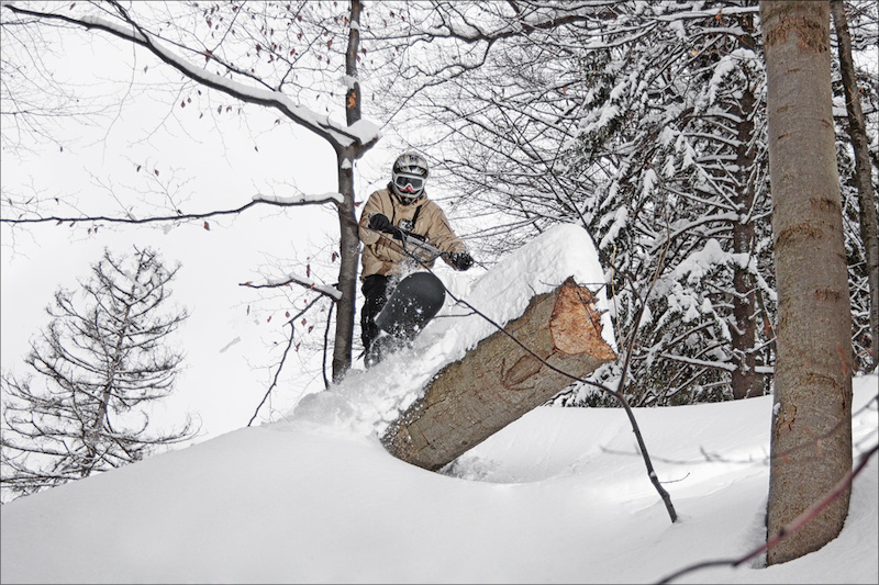 snowscoot freeriding in the forest, photo by Andrej Grznar