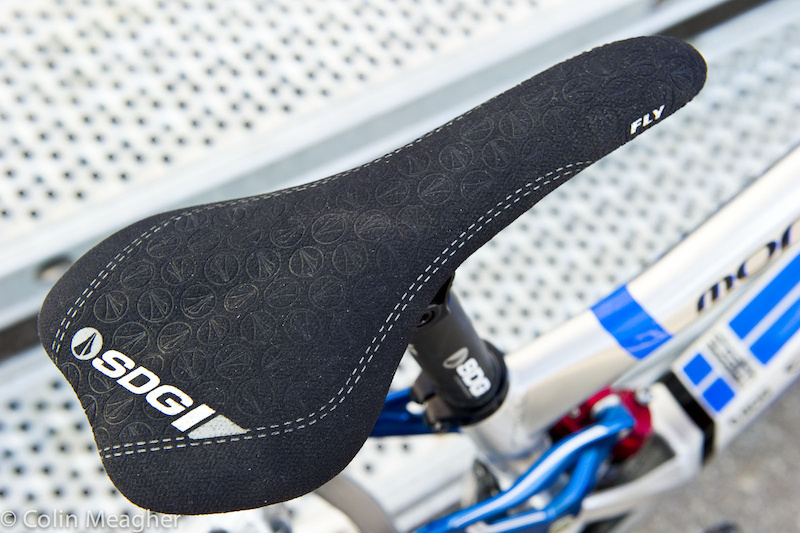 The SDG saddle surface has a bit of grip to it to keep Ragot planted on the saddle when she wants to be. Although like many other riders when conditions are truly horrific like Champery Ragot will have Andrew zip tie a strip of tire tread onto the saddle to help keep her firmly seated on the saddle.