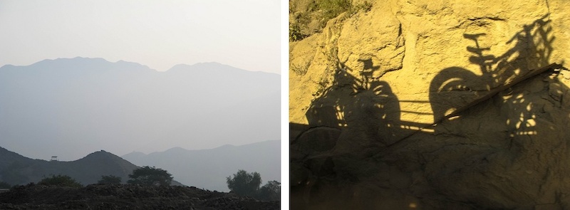 The view from the mountains close to Lima and the shadows of the bikes on the way to the top.