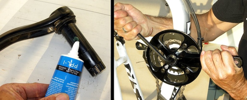 Put a thin film of grease on the crank axle and spline but don t overdo it. Reassemble the bits in the reverse order and torque the crank bolt to the maker s specification. The cranks should spin freely.