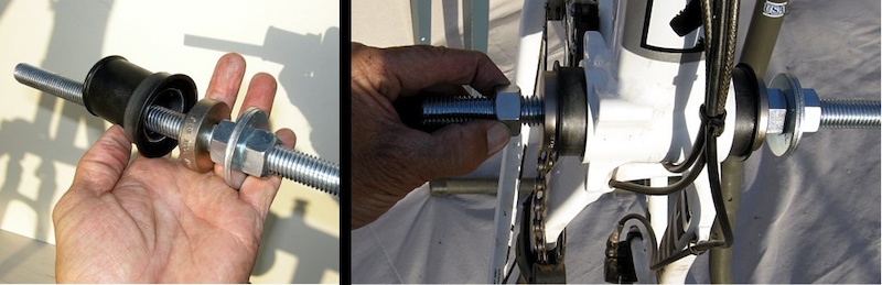 Slide one bearing assembly onto the threaded shaft and slide everything into place on the bottom bracket shell.