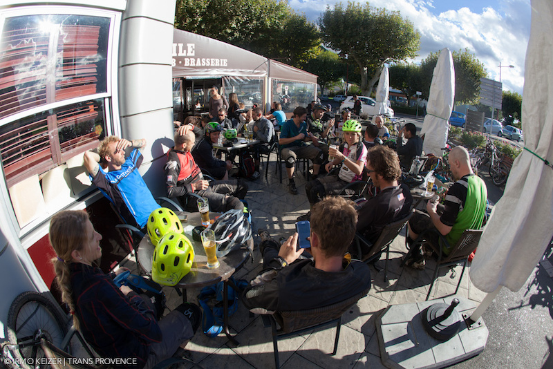 Riders relax in town after having completed one of the Trans Provence heaviest days.