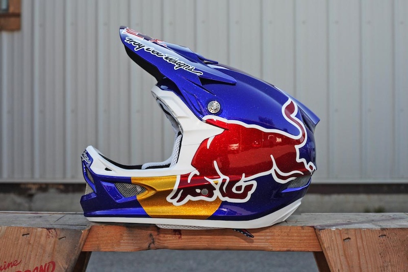2012 redbull rampage helmets for Brandon Semenuk and Cam Zink. Troy Lee Designs D3 helmets, painted by Troy Lee Designs. Cam's has some copper leaf in it and some matching copper TLD Oakleys. Full metal flake on Brandon Semenuk's helmet