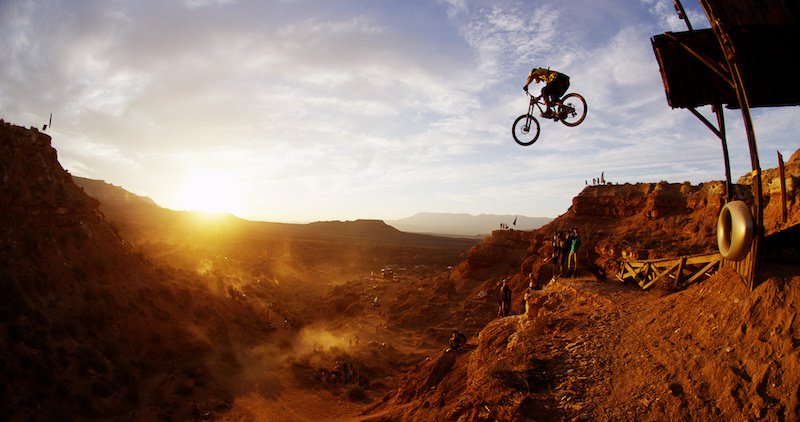 An unknown rider drops the Oakley Icon Sender at Red Bull Rampage.