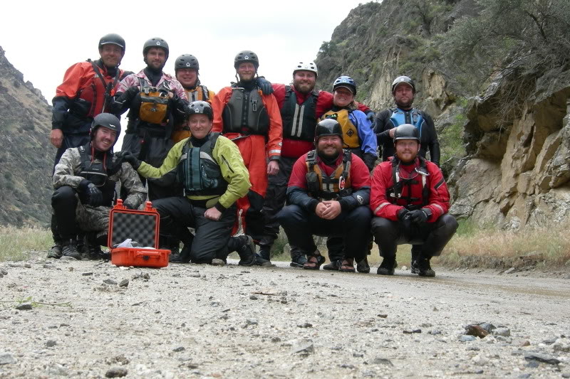 Those of us who made it to the take out... I'm front row far right... lost my best helmet on this trip.

We ran the Middle fork of the Salmon IN RAFTS at 8.34 ft (including the "upper 25mi")... Higest "advisabe" level is 7ft...