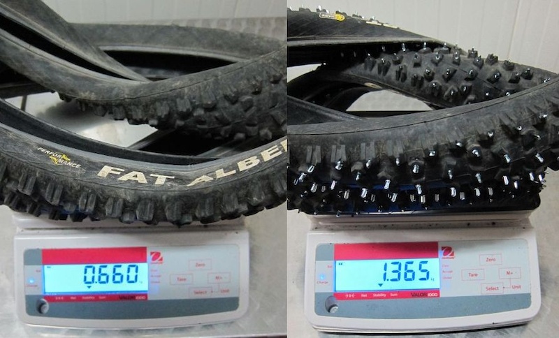 920 bolts, 6 hours of boring drilling and here they are - my custom Schwalbe Fat Albert tires for ice and snow