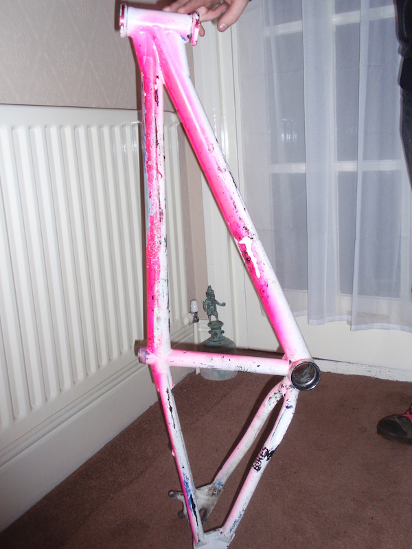 The Start of a long few days. This frame has 8 coats of paint and the remains of some v-brake mounts still attatched to it.