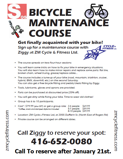 ZM Cycle and Fitness Maintenance Course. PM for more info and call past January 21st to reserve your spot!