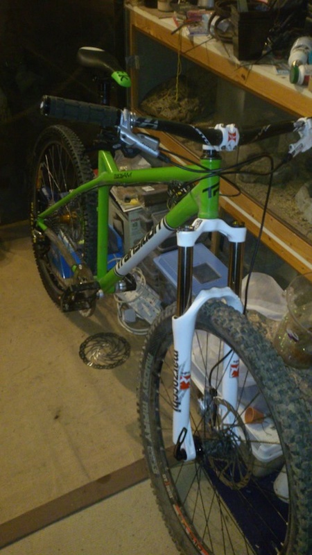 Potato cam pic of transAM with new Marzocchi 44 Micro Switch TA forks. Just wait for new Hope chain guide to turn up, and will be ready for a ride, hopefully next weekend.
Must then start saving for new brakes.