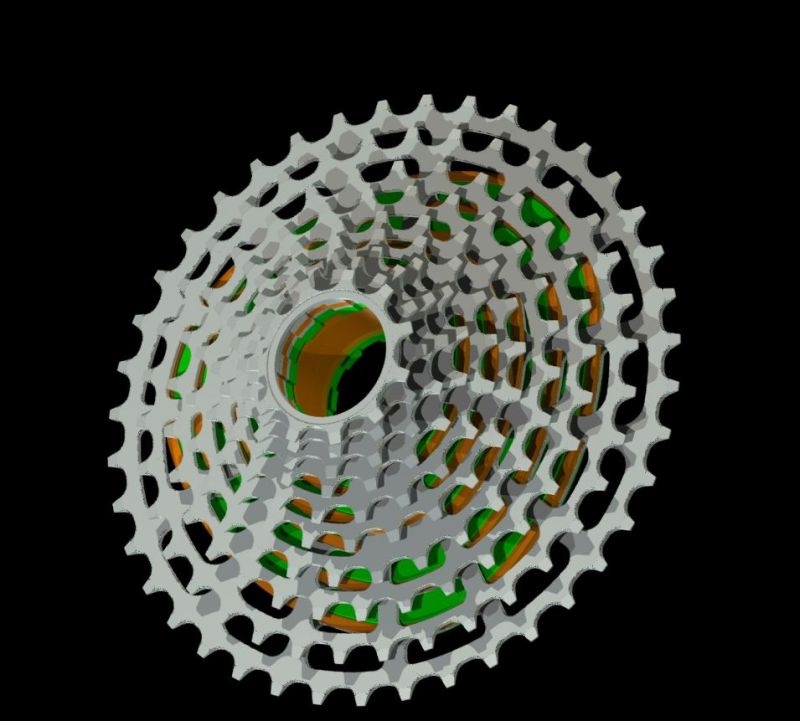 Rough concept of our newest prototype. High range 11-40, 10 speed cassete for 1x10 drivetrains. Planned weight: 350grams. All cogs made of steel. Inner carrier in anodized aluminium.