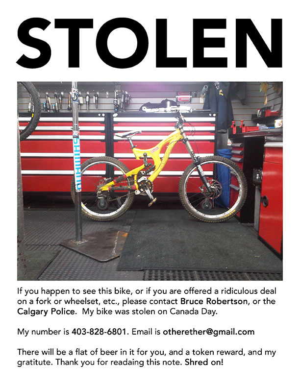 *** STOLEN ***
Some fxcking cxnt stole my bike from my car on Canada Day. Replacement cost puts the theft into the grand theft category, minimum six months in jail. I've got ads posted on Craig's List, Kijiji, and eBay asking people to keep an eye out for my bike, or to call the police if they see it, or, at least, not to by it. I hope the dude who ripped me off dies an excruciating, bloody death in front of his entire family.