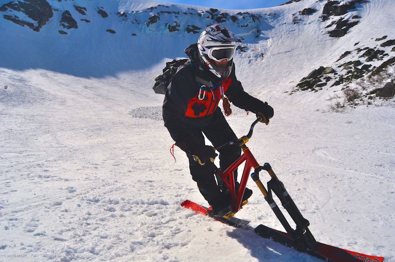 This was taken after the first ski bike descent of Tuckerman Ravine via Right Gully. Cyndrome skis, Lenzsport frame.