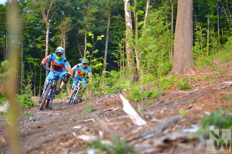 Team Metal Motion Bikes Chris and Nils smashing a berm on a sweet enduro ride. NWPhotography 2013