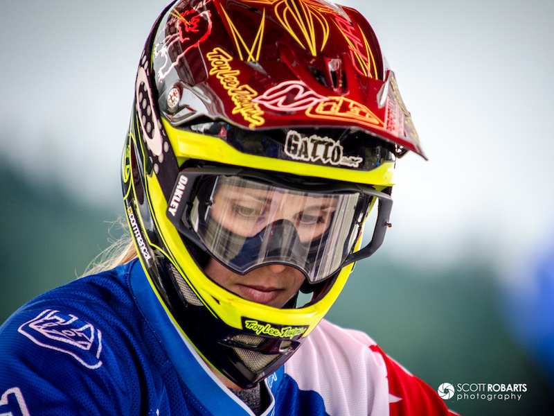 Micayla Gatto contemplative before the start of her race. Canadian Open Downhill - Crankworx 2013