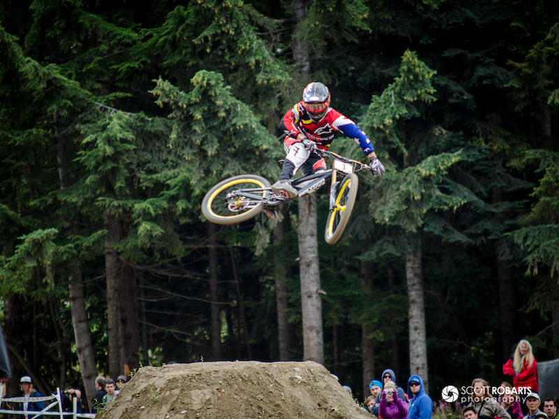 Mick Hannah gives the crowd a whip on his way to the finish.

Canadian Open Downhill - Crankworx 2013