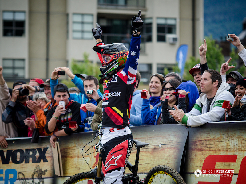 Mick Hannah celebrates a great run which will secure him second place

Canadian Open Downhill - Crankworx 2013
