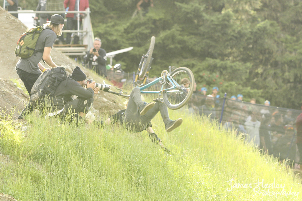 Thomas Genon gets bucked off his bike and off course.