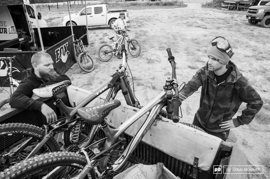 Fox Racing Shox and Cam McCaul talking turkey on bike prep.