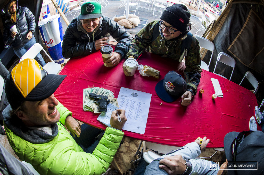 Always the hustler, Richey Schley taking bets for the betting pool before the Rampage Finals. Luckily for us, Karl at Pinkbike won the bet and looking to spend it hard tonight!