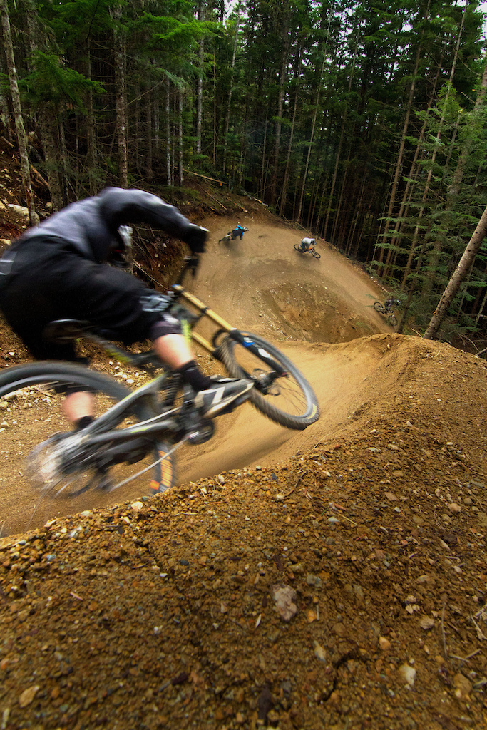 A group of riders enjoy their last laps in the Whistler Mountain Bike Park on closing weekend.
