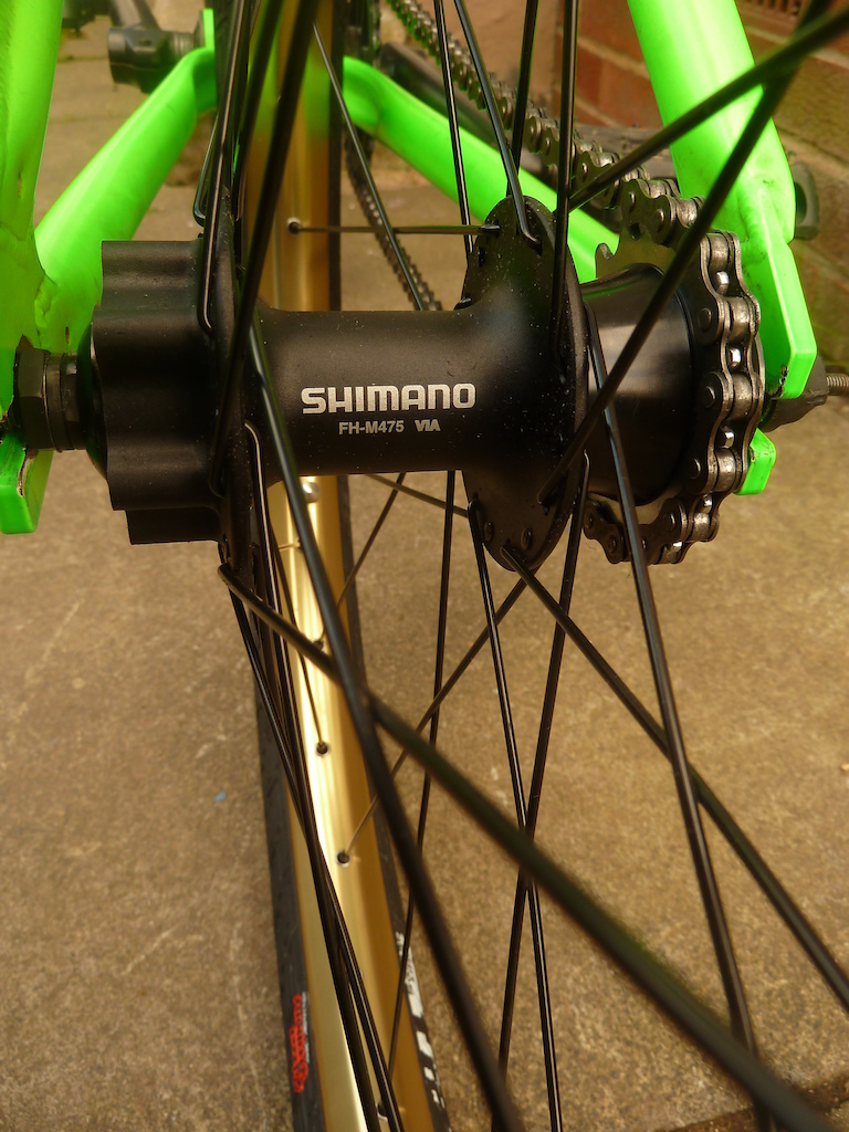 shimano fh m475 cassette hub laced to a 24" halo sas dmr transition tyre.