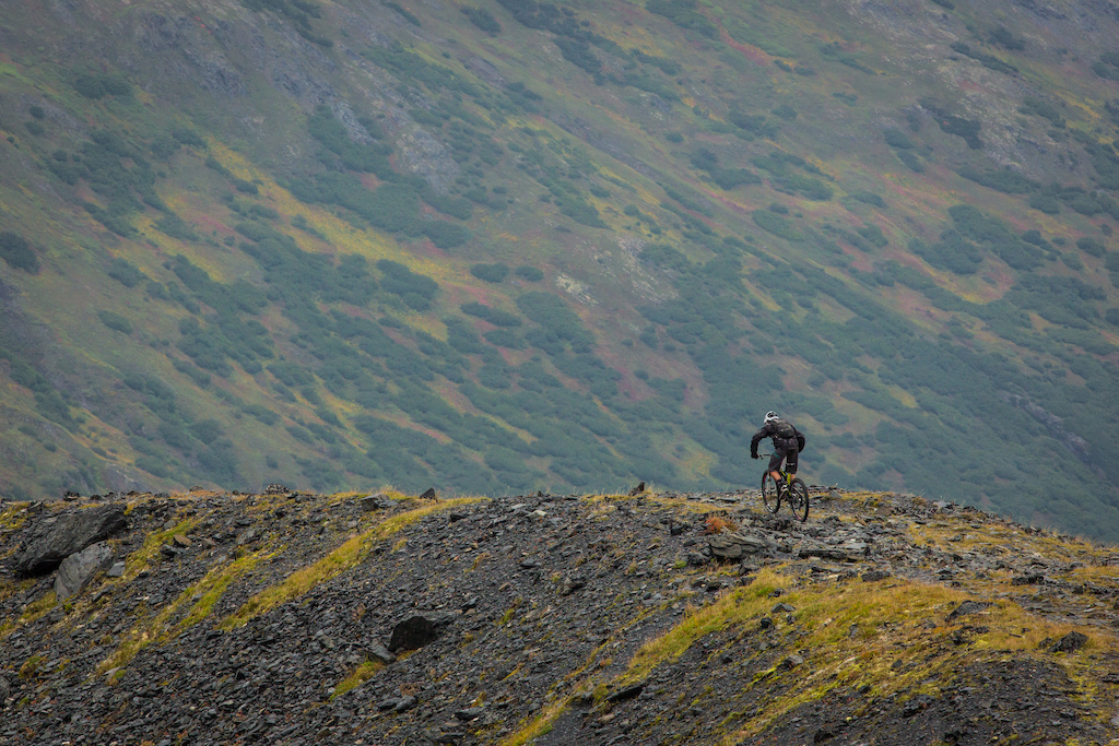 Riding down a glacial moraine in Crow Pass.  Girdwood, Alaska.