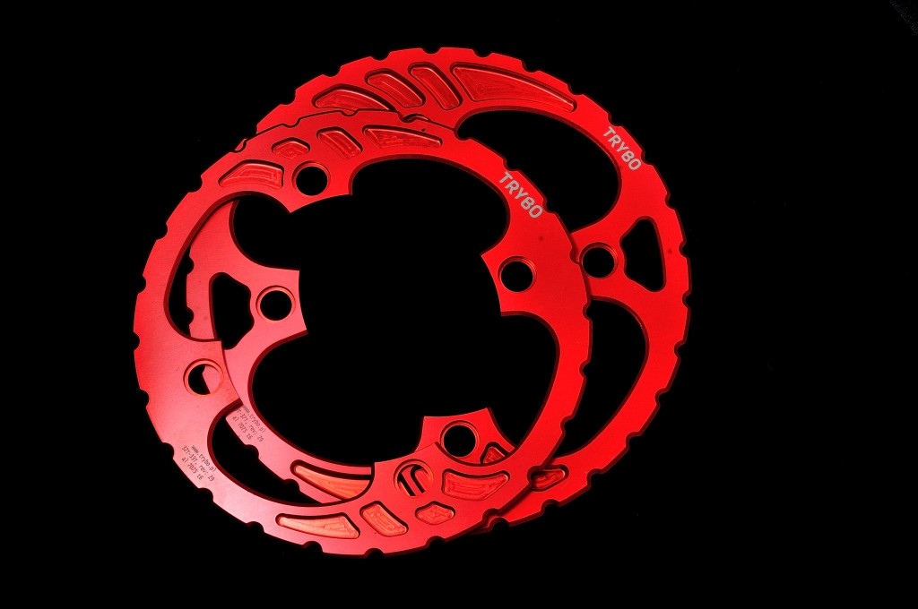 Trybo Bashguards. 32-33T and 36-37T. Also available in 34-35T and 38-39T. Lightweight, reinforced where impacts are most likely to come. Weight ranging from 67g in 32-33 to 87g in 38-39T. More info at www.trybo.pl