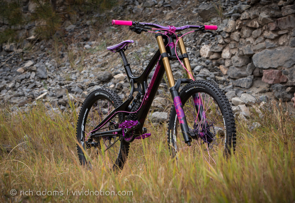 Frame: Santa Cruz 	V10 Carbon Custum Paint by Elbert Uber Lack.
Rear Shock: Fox Racing Shox DHX RC4 Kashima.	
Fork: Fox Racing Shox 40 Float Custom Decals (inverted).
Headset: Chris King. 		
Handlebar: Deity Mohawk Purple.
Stem: Twenty6 F1 Pink.
Grips: ODI Ruffian Lock-On Pink w/ Twenty6. End Caps - Puple w/ custom Engraving.
Brakes: Shimano Saint M820 	W/ Jagwire Highflow LInes - Pink.
Brake Levers: Shimano 	Saint M820. 	
Shifters: SRAM XO 	W/ Jagwire Ripcord Cable/Housing - Pink.
Rear Derailleur: SRAM XO Type 2 	Short Cage.
Chainguide: e*thirteen LG1 Black.
Cranks: Race Face SIXC 170mm.
Chainring: e*thirteen Guide Ring Purple.
Bottom Bracket: Race Face Team DH X-Type.	
Chain: Wipperman Connex 10sB EDI Black &amp; Gold.
Cassette: Shimano 	Ultegra 11-28.
Pedals: Twenty6 Predators Ti Axle, Purple. Body/Pink Pins - Custom Engraved.
Front Rim: Spank Spike Race 28. 	
Rear Rim: Spank Spike Race 28. 	
Hubs: DT Swiss 240s Custom Decals..
Spokes: Soma Colored Pink/Purple.
Front Tire: Maxxis Minion DHF 2.5 UST. 	
Rear Tire: Maxxis High Roller II 2.4 3C .	
Saddle : Deity Mainline Purple.
Seatpost: Thomson Elite. 	 	
Weight 34 lb 6.4 oz (15604 g).


As part of a marriage proposal, a local customer wanted to do something really special for his soon to be bride. Being that his special lady wasn't that into jewelry, and loved DH Bikes, he Approached us at The Garage about building a fully custom Santa Cruz V10 for her. Nearly every part of this bike is custom, down to the paint by Elbert Uber Lack (note: there are no decals on the frame - ITS ALL PAINT), the pedals and bar end caps by Twenty6 are custom engraved with the phrase: "Forever Loved". To add an element of surprise, this bike was secretly exchanged with her normal bike when they loaded the chairlift at Whistler and at the top he presented her with the bike and a ring. Congrats Marshal &amp; Joy! All Photos by Rich Adams - www.vividnotion.com Build by The Garage - www.gravityguildgarage.com