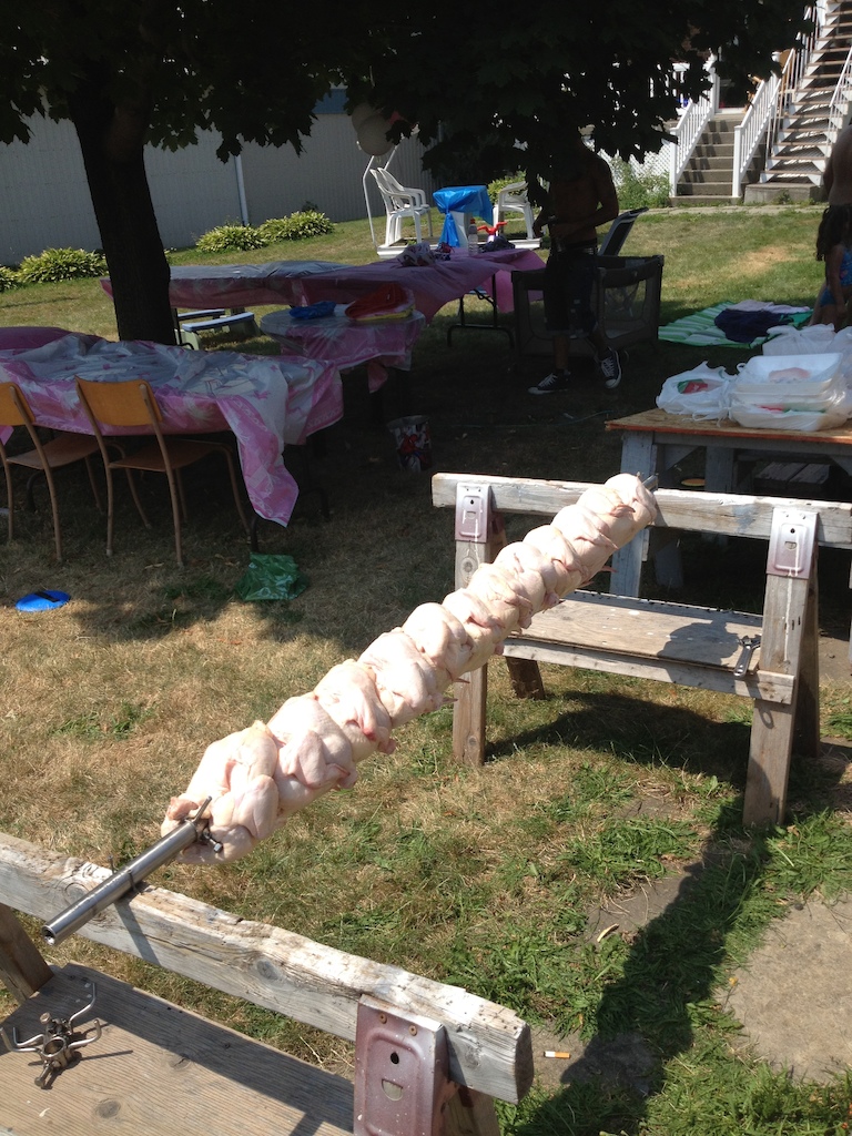 Big party with chicken ....that 1 of the 3 chicken shaft on a custom bbq from my friend 
3x12 chicken   mmm that 36 chicken roasted over maple wood for 4 or 5 hour   it was sooo goood