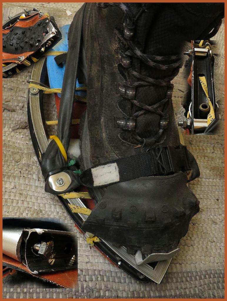 Recycling!
West coast mtn. style snow shoes. Made for Rock, ice and snow (mixed climbing)
 I have had these for over 5 years. They are bomb proof. 
Funny now modern snow shoes are very similar but not as hard core as my snow shoes. Note the sharp front for going up vertical ice.