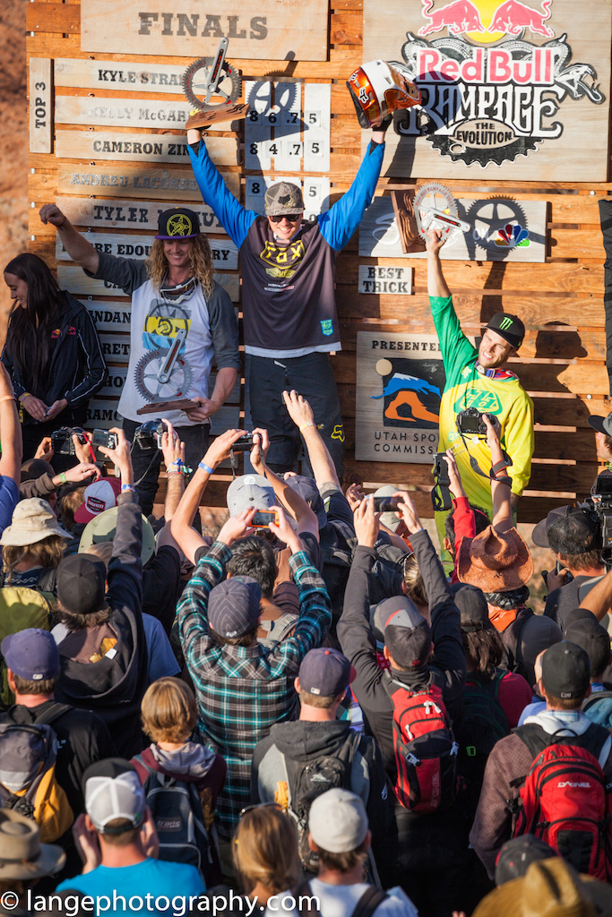 kyle strait, kelly mcgarry, and cam zink on the podium at redbull rampage 2013