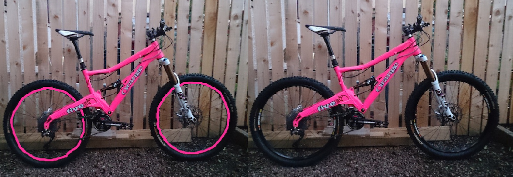 Please excuse my poor paint attempt and my square wheels. Today is the day I need to make a decision on the Pink Mavic wheels. I have done a rough (rough rough) image of the comparisons. Should i make the plunge. Im very 50 50 and feel i could make a great or wrong choice!