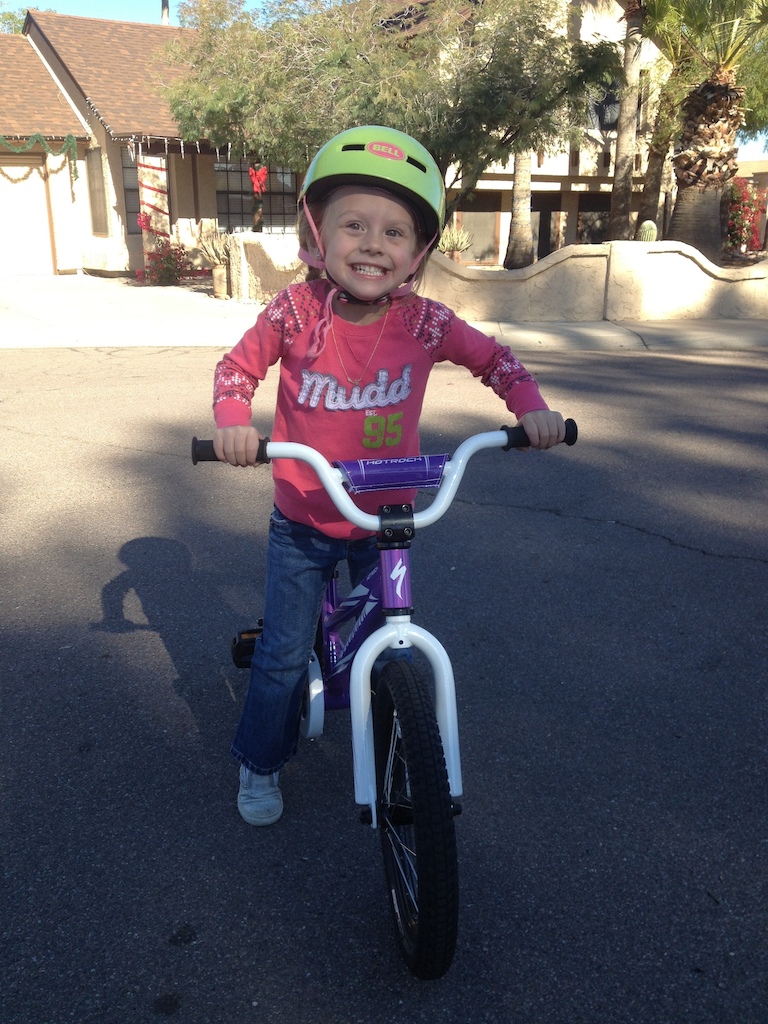 Santa brought my daughter a Specialized hotrock16.  She is handing down her hotwalk balance bike to her younger cousin. For her fourth birthday, her future upgrades include: a doll seat for the back, and possibly some noise makers for the spokes.