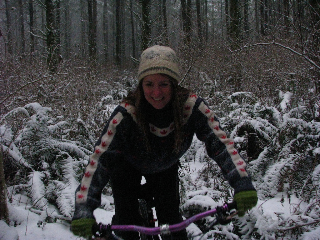 First snowfall of the year.  I LOVE riding in the snow!  And check out my vintage sweater cirque 1972, eh?