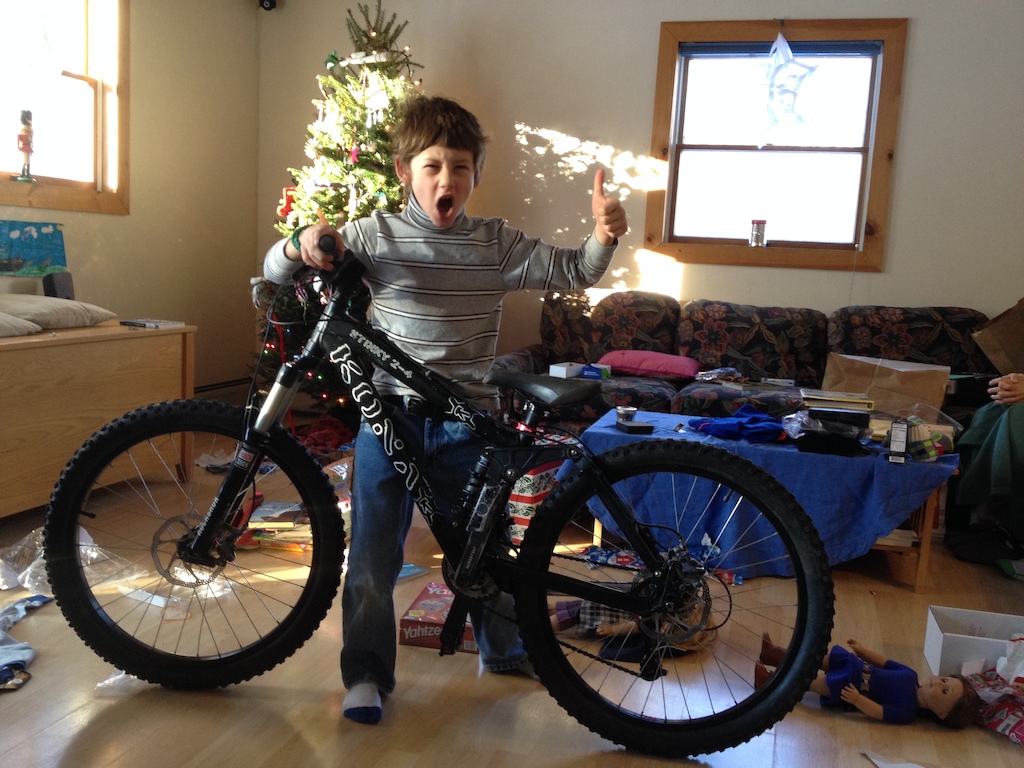 Christmas morning excitement as Brody gets his first full-suspension downhill bike. Many thanks to all who helped this happen...this is one stoked kid!
