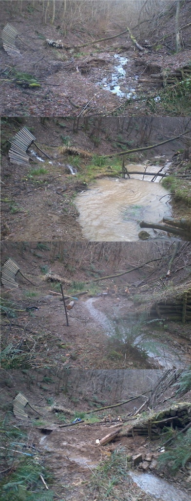 In late 2012 a part of my trail was literally washed away by flood. It was partly my responsibility due to bad design. This sequence shows the rebuild. I estimated there was at least ten cubic meters of material washed away which would take huge effort to dig back. So I used the same force that destroyed trail to rebuld it - water. Temporary block caused new material to acumulate on the spot. It took just 2 days of rain and a small deviation upstream to fill the hole plus minimal work input. After that it was just the matter of cleaning old canal and building barrier so such accident will not repeat!