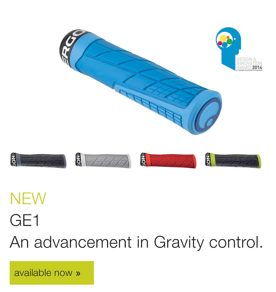NEW! The GE1 is available now in N. America. The new GE1 grip set is designed specifically for gravity riding and very technical and aggressive xc/marathon. The grip is 100% optimized for the intended uses.

1: Maximum Grip – Texture is orientated against the rotation of the hand.
2: Improved pressure distribution in thumb area.
3: Soft rubber compound in the mid palm zone.
4: Specially textured for increased traction.
5: A specifically designed cut-out in the core allows increased damping under the hand.
6: Extra damping in external grip zones.
7: Unique, inboard, forged aluminum clamp.
8: Optimized shape for use with wide handlebars and an elbows out riding position.

VIDEO: http://vimeo.com/73454551

The GE1 is available now only at: https://www.ergon-bike.com/us/en/shop/