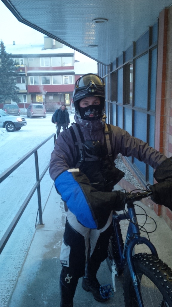 Rding into work this morning at -35c.  At high speed going downhill it felt like -45c.  Having the right winter wear is very important at that temperature.