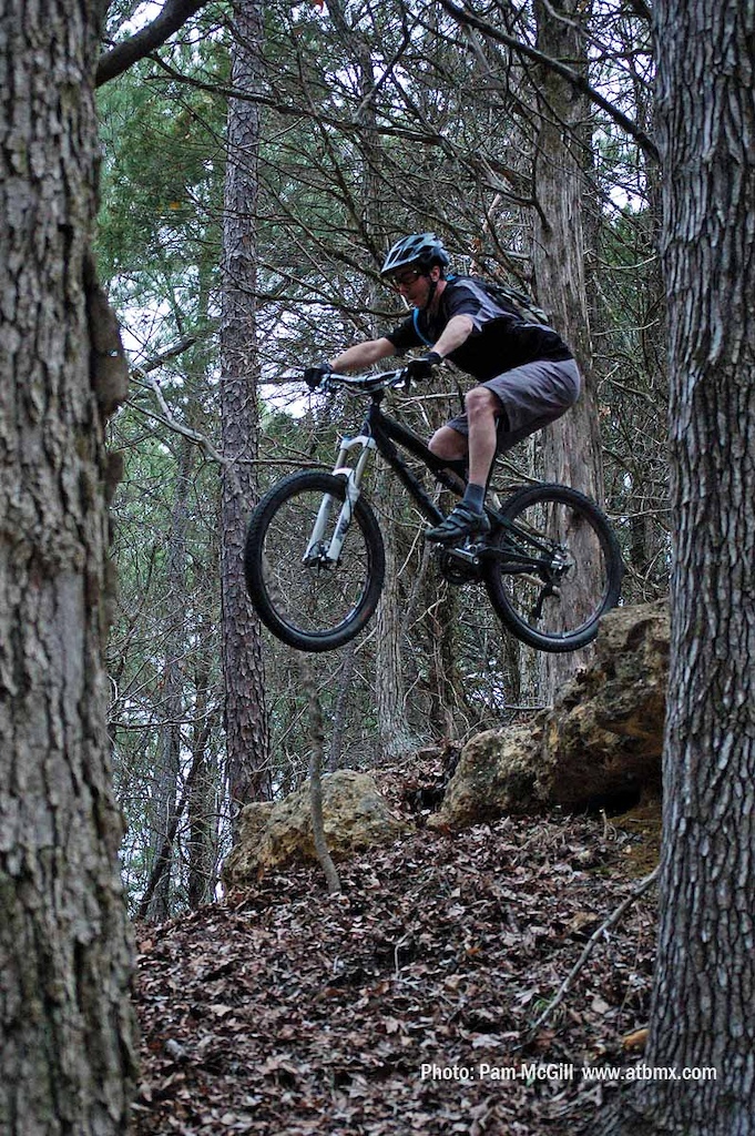 Barry Page taking the drop off the "ridge" in Ridgeland. "Not Officially" a part of the XC Mountain Biking Trail.